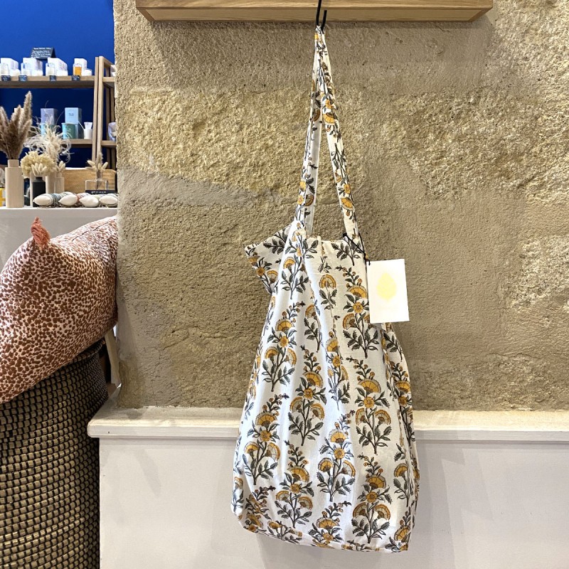 Totebag imprimé à fleurs en block print de couleur miel - Bungalow Denmark