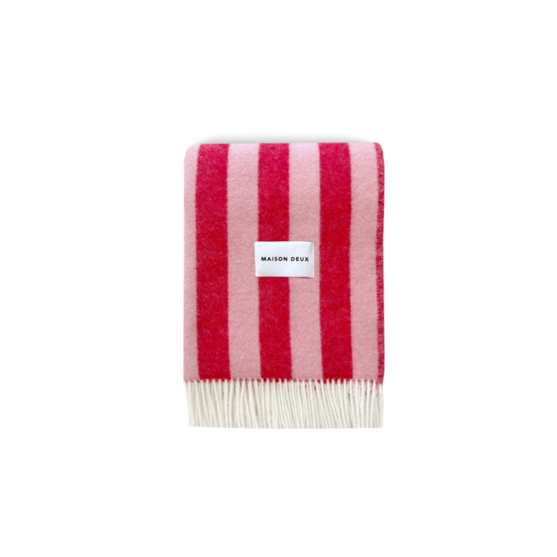 Plaid 100% Laine à motif Rayures, rose & rouge - Maison Deux