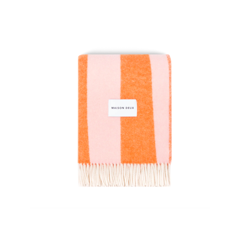 Plaid 100% Laine à motif Rayures irrégulières, rose & orange - Maison Deux