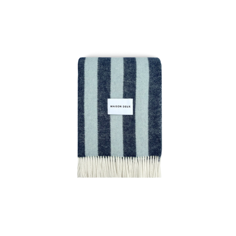 Plaid 100% Laine à motif Rayures, bleu clair & bleu foncé - Maison Deux