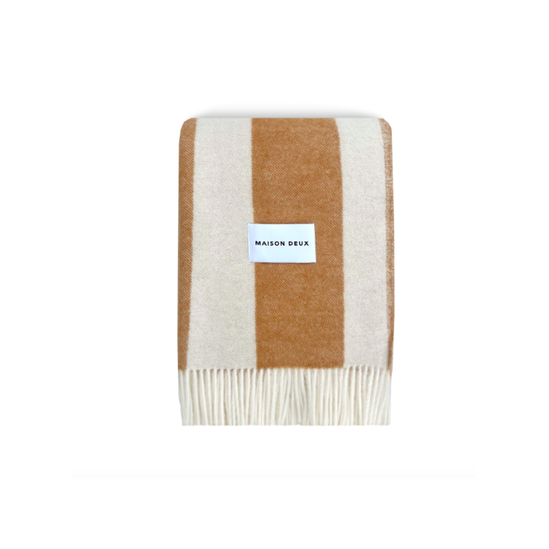 Plaid 100% Laine à motif Rayures irrégulières, camel - Maison Deux