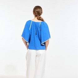 Top évasé en coton, bleu avec liseré blanc - Ma Poésie