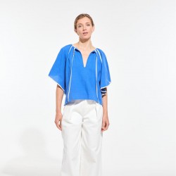 Top évasé en coton, bleu avec liseré blanc - Ma Poésie