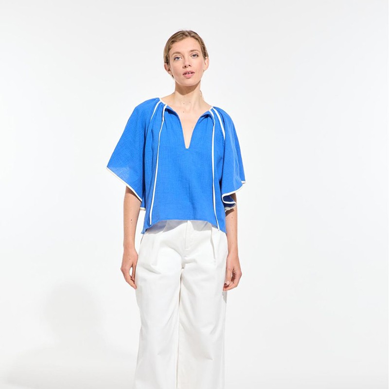 Top évasé en coton, bleu avec liseré blanc - Ma Poésie