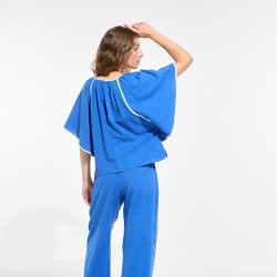 Top évasé en coton, bleu avec liseré blanc - Ma Poésie