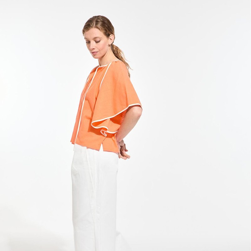 Top évasé en coton, orange avec liseré blanc - Ma Poésie
