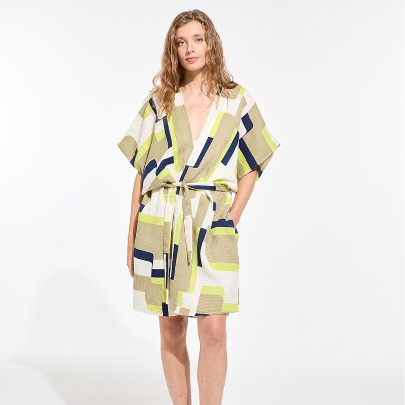 Kimono nid d'abeille à motifs Arum, couleur lime - Ma Poésie