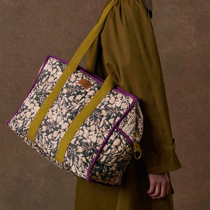 Sac 36h Lilio kaki et violet à motifs indien - Louise Misha
