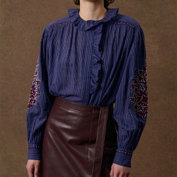 Blouse Cora bleu marine à fines rayures et broderies - Louise Misha